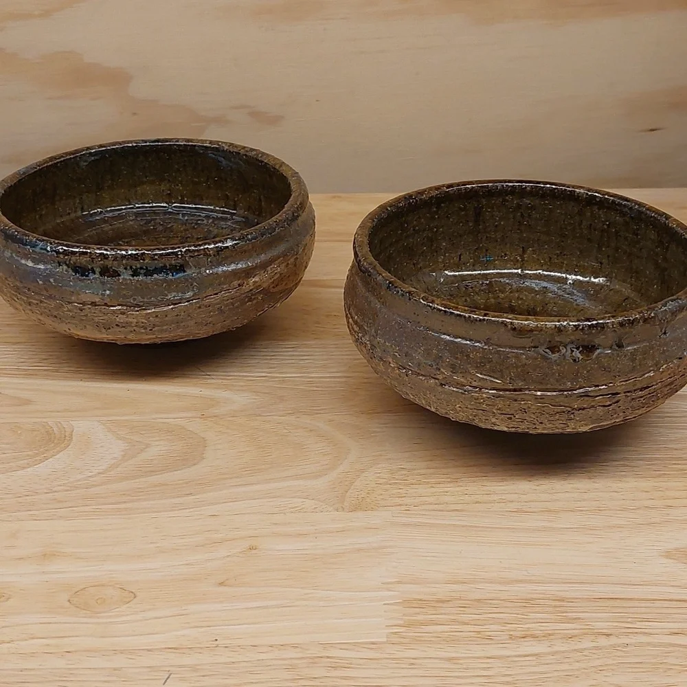 Signed Raku? POTTERY BOWLS BROWN UNUSED SET OF 2